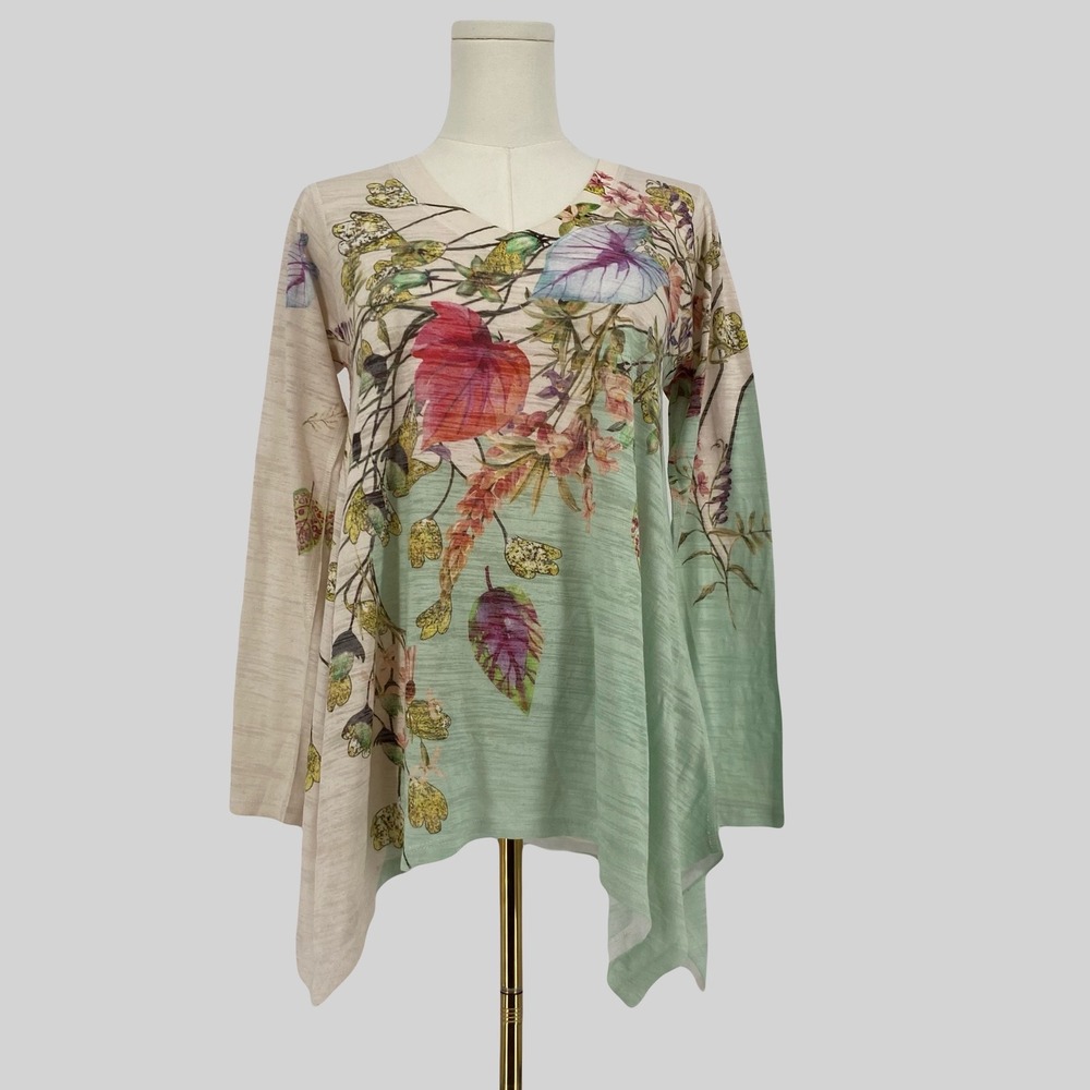 INOAH Art to Wear Floral Tunic XS Handkerchief Long Sleeve Lightweight Boho Chic
